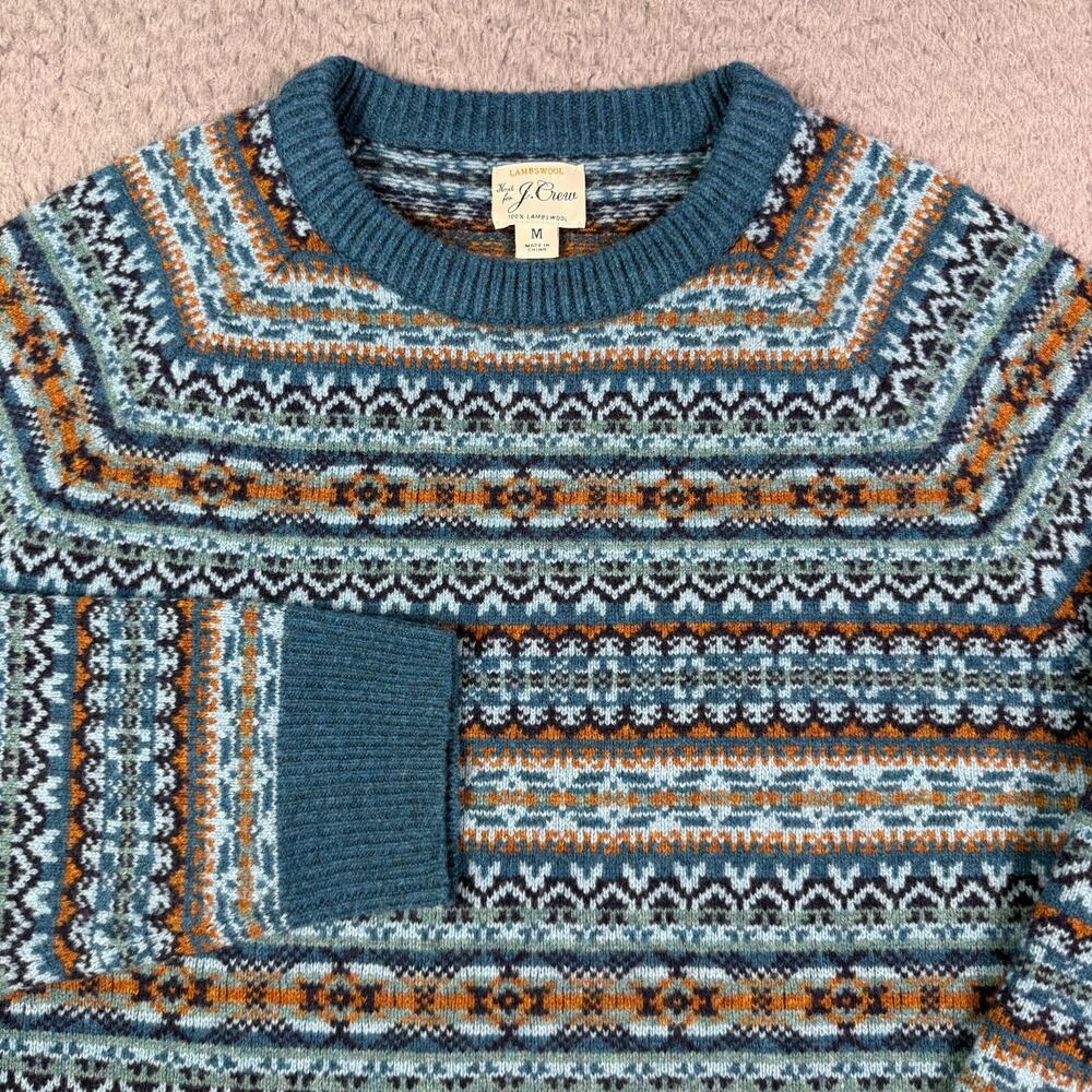 J. Crew Fair Isle Lambswool Sweater Mens M Blue Crew Neck Long Sleeve Pullover - Picture 1 of 8